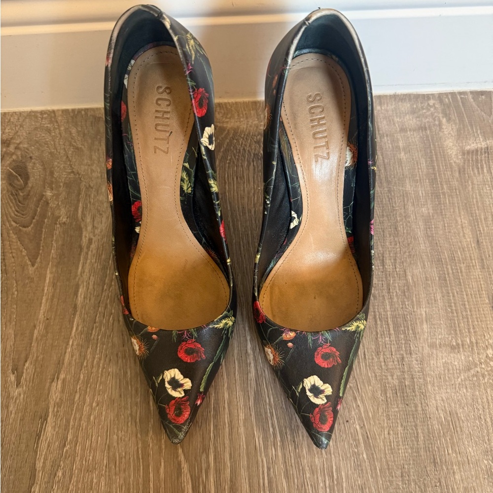 SCHUTZ Black and Red Poppy Flower Stiletto Heels